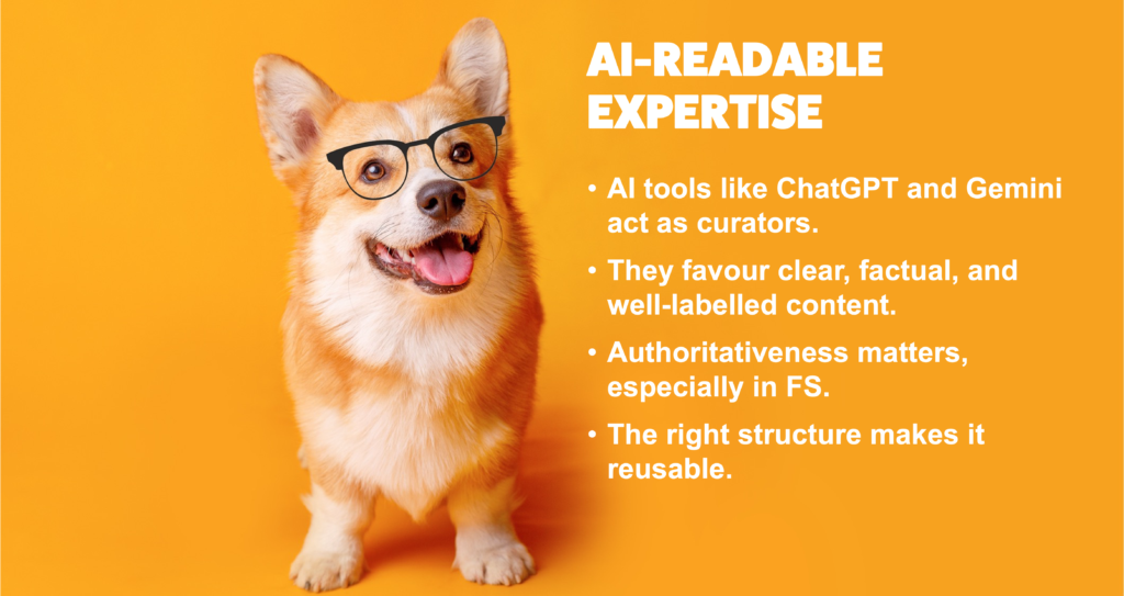 Corgi wearing black glasses on bright orange background next to heading ‘AI-Readable Expertise’. Bullet list highlights: AI tools such as ChatGPT and Gemini curate content; they prefer clear, factual, well-labelled posts; authority is critical in financial services; strong structure makes content reusable. Graphic guiding FS marketers to optimise content for AI and social search