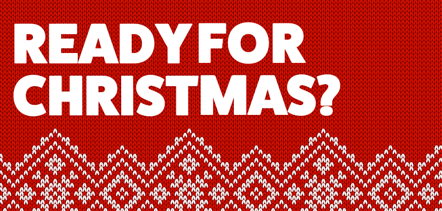 Text that says "ready for Christmas" on top of a red Christmas jumper pattern