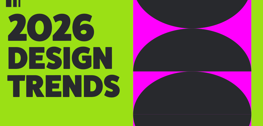 Title "2026 Design Trends" on neon green background with, neon pink and charcoal black shapes