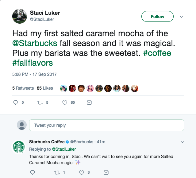 Screenshot of a customer’s tweet sharing a positive experience with a Starbucks salted caramel mocha, with Starbucks replying warmly and personally underneath. A simple example of how quick, human replies turn everyday comments into visible community moments and reinforce brand affinity in public.