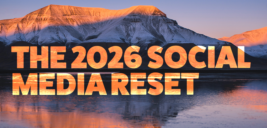 title of "the 2026 social media reset" on top of a calming landscape background. This blog discusses social media trends going into 2026.