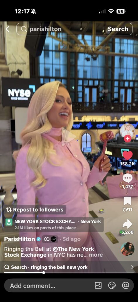 This visual shows an example of the kind of platform-native content that can work precisely because it does not follow the usual “keep it short and neat” rule too obediently. In the context of the newsletter, it supports the point that some standout social work succeeds by bending expectations rather than copying the dominant format too closely. Paris Hilton’s TikTok content works here not just because of recognisability, but because it feels culturally fluent, visually distinctive and built for curiosity. For marketers, the lesson is not to copy celebrity content blindly. It is to understand when a format, personality or execution can break the pattern enough to earn attention without feeling out of place for the audience.Alt textScreenshot of a TikTok post by Paris Hilton filmed at the New York Stock Exchange, showing her in a pink outfit holding a sparkly gavel, with engagement icons and caption text visible on screen.