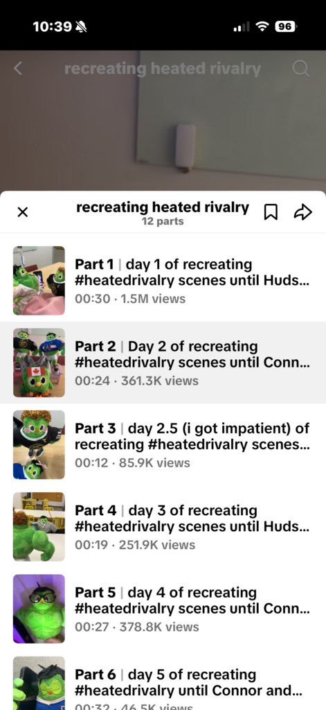 TikTok playlist example showing multi-part episodic video contentScreenshot of a TikTok playlist with 12 connected videos, showing how part-based episodic content encourages repeat viewing and return behaviour.TikTok playlists make serial content easy to follow, turning one idea into a sequence people can return to instead of a one-off post they forget.This screenshot shows how TikTok organises connected videos into a playlist, making episodic content easier to discover and binge. It supports the argument that series-based social builds habit, memory and repeat attention more effectively than isolated posts.