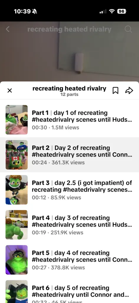 TikTok playlist example showing multi-part episodic video contentScreenshot of a TikTok playlist with 12 connected videos, showing how part-based episodic content encourages repeat viewing and return behaviour.TikTok playlists make serial content easy to follow, turning one idea into a sequence people can return to instead of a one-off post they forget.This screenshot shows how TikTok organises connected videos into a playlist, making episodic content easier to discover and binge. It supports the argument that series-based social builds habit, memory and repeat attention more effectively than isolated posts.