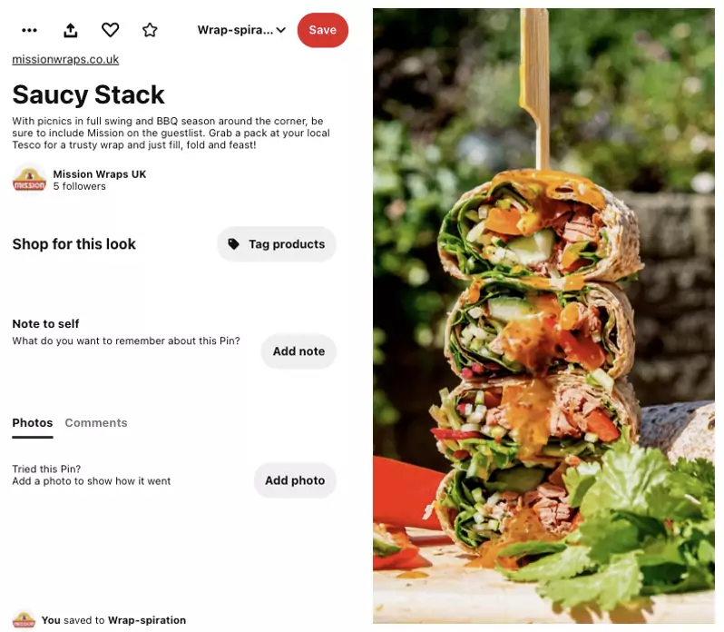 Pinterest-style Mission Wraps UK pin titled “Saucy Stack”, showing stacked filled wraps with sauce, salad and vegetables, alongside copy encouraging shoppers to grab a pack at Tesco for picnic and BBQ season.This image shows a Mission Wraps UK Pinterest pin for a recipe idea called “Saucy Stack”. The visual combines an appetising wrap image with practical shopper copy, linking the product to picnic and BBQ occasions and prompting people to buy Mission wraps at Tesco. It demonstrates how FMCG social content can connect inspiration, usage occasion and retail action in one asset.