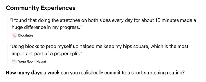 Community comments reveal what people need before they actScreenshot of a community experiences panel showing two user quotes about stretching routines, including advice on daily practice and using blocks for support. The visual ends with a prompt asking how many days a week someone can realistically commit to stretching.This visual shows how community comments can reveal practical barriers, motivations and reassurance points that influence action. Instead of relying only on brand claims, people often look for peer experience, realistic advice and small confidence cues before making a decision.
